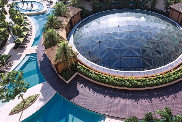 view above a sands hotel with a pool