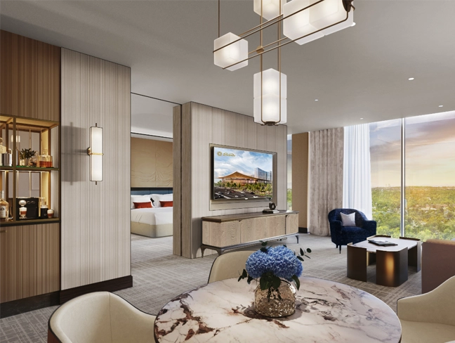 rendering of hotel room living room