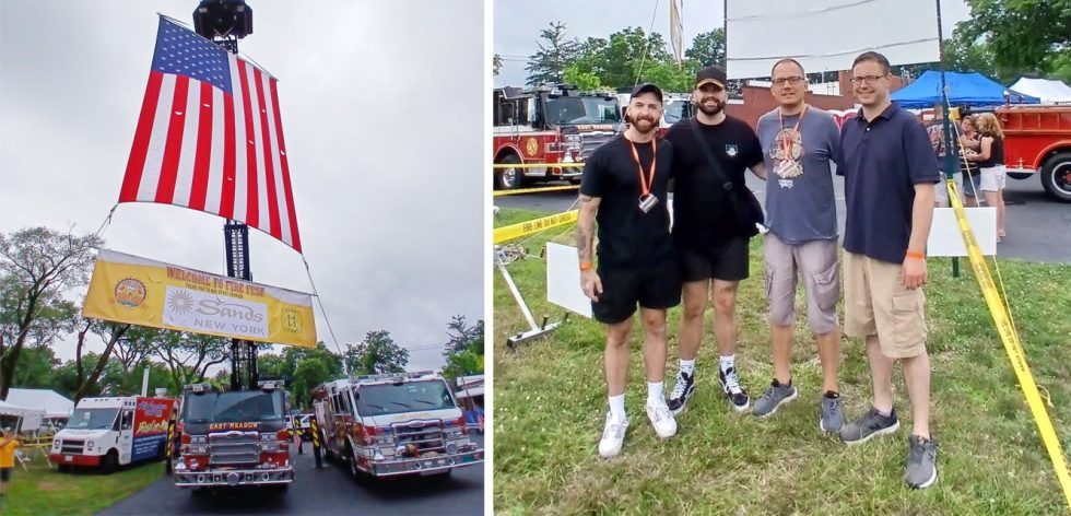 Fire trucks with American flag and attendees at the East Meadow Fire Fest.